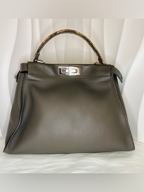 Fendi Handbags - Fendi Peekaboo Olive Taupe Leather Top-Handle Satchel with Snakeskin Accent
